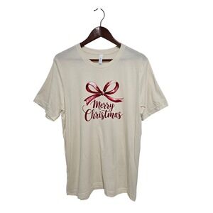 Bella + Canvas Christmas T-Shirt Women's Beige Holiday‎ Ribbon Tee - Size 2XL